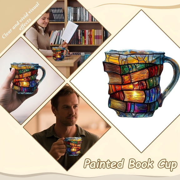 ACDANC 2026 New Painted Book Mug,3D Painted Glass Book Mug for Hot Or Cold Brews Book Glass Mug for Reading,Office,Library,Coffee Break,Tea Time