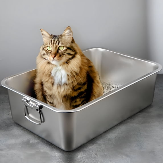 ACDANC 2026 New Rectangle Stainless Steel Cat Litter Box Broken-Resistant Low Entry Open Spacious Metal Litter Pan Pet Accessories
