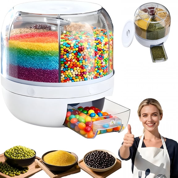 ACDANC 2026 New Rotating Candy Dispenser with 6 Compartments,360 Countertop Storage Container with One-Button Dispensing and Moisture-Proof Seal for Home,Office,Party,Kitchen