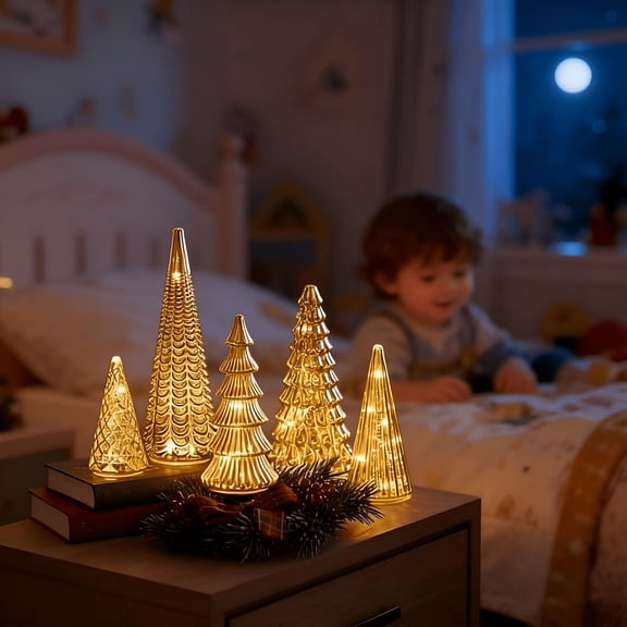 ACDANC 2026 New Set of 5 Illuminated Mercury Glass Christmas Trees,Led Silver & Gold Lighted Decor for Xmas Tabletop,Mantel,Home Centerpiece,And Party Gift (5 Pcs)