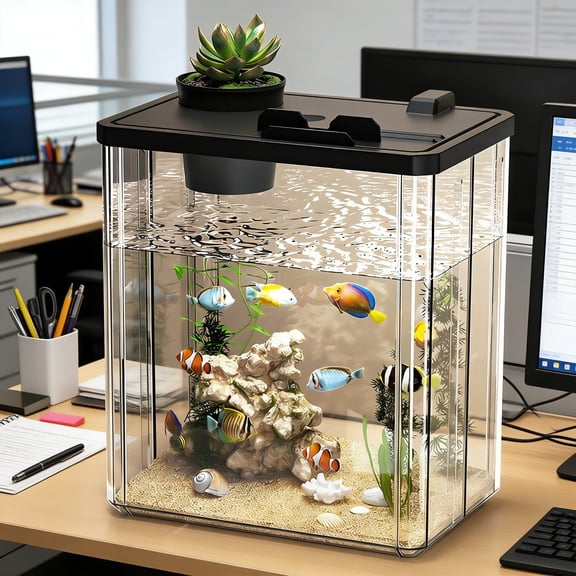 ACDANC 2026 New Small Fish Tank,Betta Fish Tank Desktop Mini Fish Bowl with Pump,Led Light,Simulated Water Plants for Home Office Tabletop for Desk,Shelf,Bedside,Office,Apartment