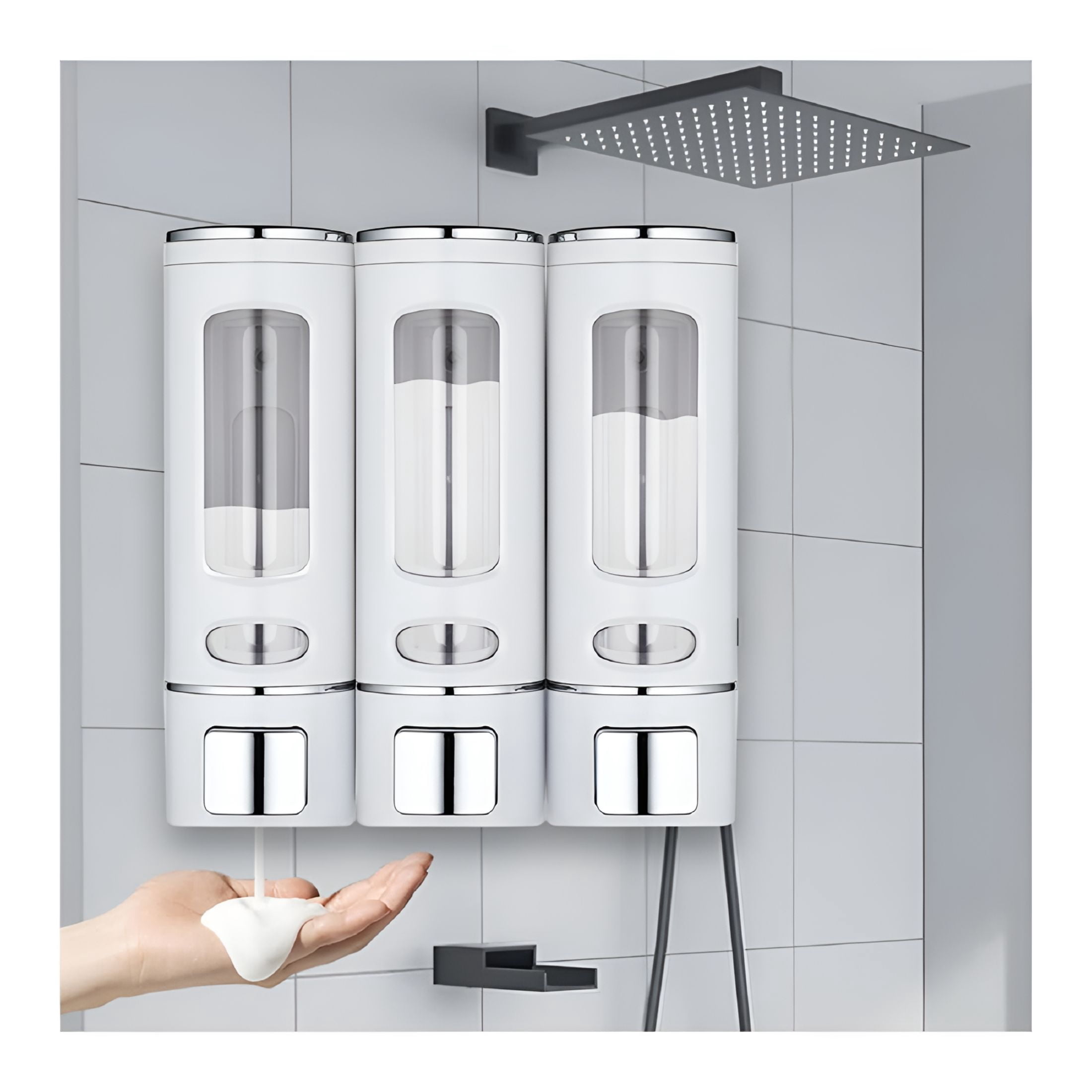 ACDANC 2026 New Soap Dispenser Bathroom Wall Mounted Shower Shampoo Dispenser 3 Chamber No Drill Triple Shower Soap Dispenser Set Pump Dispenser for Shower Gel Body Wash Dispenser White