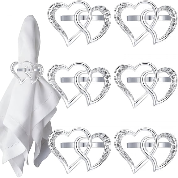ACDANC 2026 New Valentine'S Day Heart Napkin Rings Set of 6,Metal Double Classic Heart-Shaped Napkin Ring Holders Decorative Napkin Ring Buckles for Engagement Anniversary Party Table Decor(Silver)