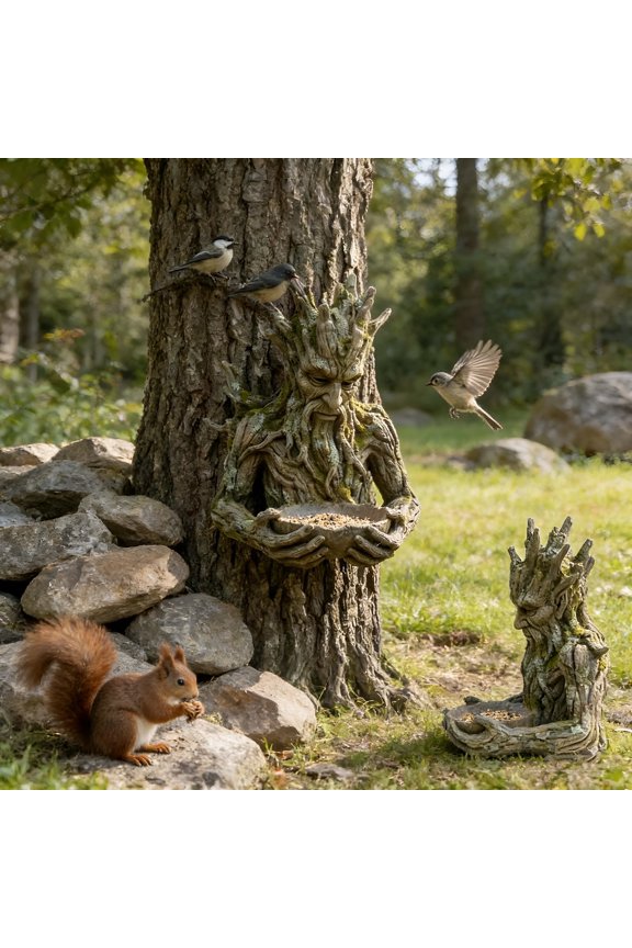 2026 New Whimsical Tree-Man Outdoor Bird Feeder Sculpture-Ancient Gnome Tree Figure with Hidden Keyhole Hanger,Weatherproof Resin Bird Bath Bowl for Small Birds,Nature-Inspired Yard Art Gift