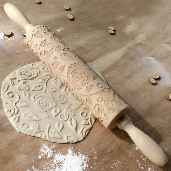 ACDANC 2026 New Wooden Rolling Pin,Rose Flower Embossed Engraved Carved Rolling Pin for Home Kitchen,For Baking,Cooking,Pastry Making,Cake Decoration
