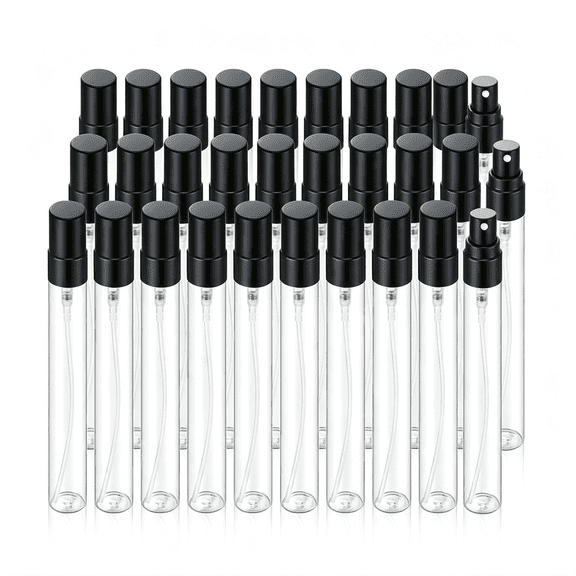 ACDANC 20Pcs 10Ml Empty Clear Glass Mist Spray Bottle Refillable Mini Perfume Atomizer Travel Sample Bottle with Black Aluminized Nozzle Makeup Container for Perfume(10Ml Black Caps)