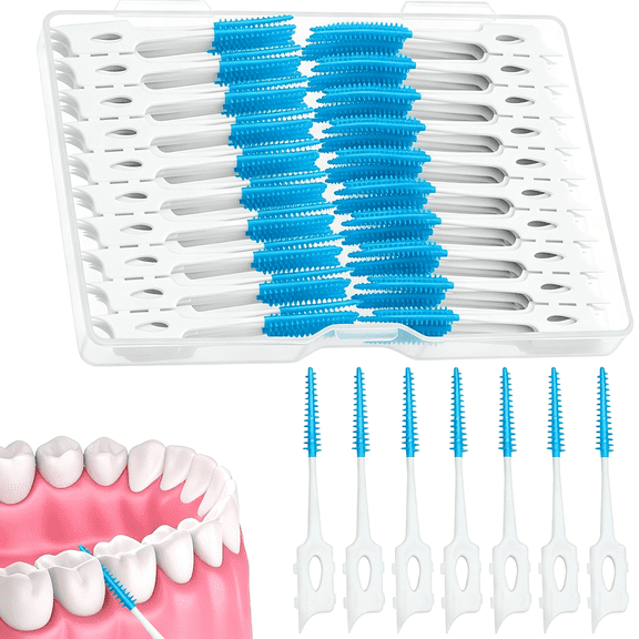 ACDANC 220 Pieces Soft Dental Floss Picks, Blue Silicone Interdental Brushes Braces Brush with Case Toothpicks Brush Between Teeth for Teeth Cleaning Portable Storage Box for Oral Care