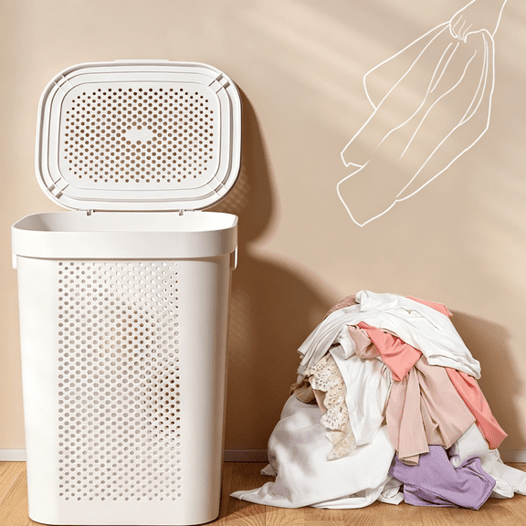 ACDANC 24 Inch Plastic Laundry Hamper with Lid, Slim Ventilated Clothes Basket and Large Dirty Cloth Towel Storage Bin for Laundry Rooms, Bathrooms and College Dorms, White