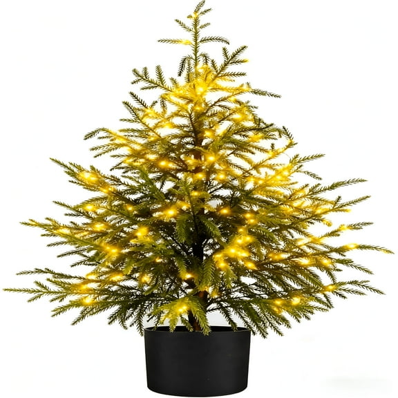 ACDANC 24 Inch Pre-Lit Artificial Christmas Tree Real Touch Norfolk Pine Tree with 30 Warm White Twinkle Led Lights Uv Resistant Artificial Pine Outdoor Plants for Front Porch Decor