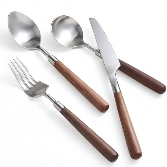 ACDANC 24-Piece Wood Handle Silverware Set, Service for 6, 304 Stainless Steel Flatware with Organizer, Elegant Brushed Walnut Cutlery for Dining