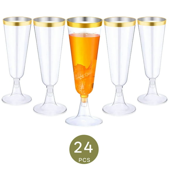 ACDANC 24Pcs Champagne Flutes Plastic 5 oz Single-Use Format Martini Glasses Martini Glasses Plastic Disposable for Parties Wedding Decoration Friend Gathering Gold