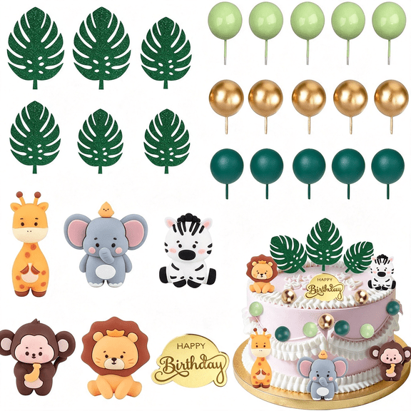 ACDANC 27Pcs Safari Animal Cake Topper, Plam Leaves Balls Cake Decorations Birthday Cake for Wild Theme Birthday Decorations Supplies, Tropical Jungle Wild One Cake Topper
