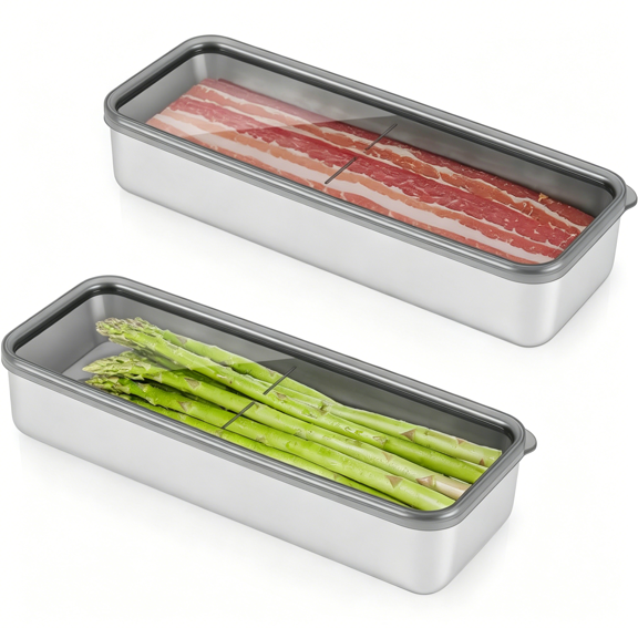 ACDANC 2Pack Bacon Holder for Fridge,Bacon Container for Refrigerator,Deli Meat Box for Refrigerator,304SS Airtight Food Storage Container,Stackable Fridge Organizer with Locking Lid (BPA Free)