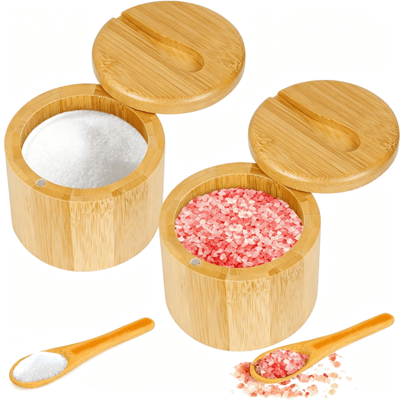 ACDANC 2Pcs Bamboo Salt Cellar Spice Box with Magnetic Swivel Lid & Spoon,Bamboo Storage Box Salt Container to Storage Pepper,Table Salt,Gourmet Salts,Spice,Sugar,6 Oz