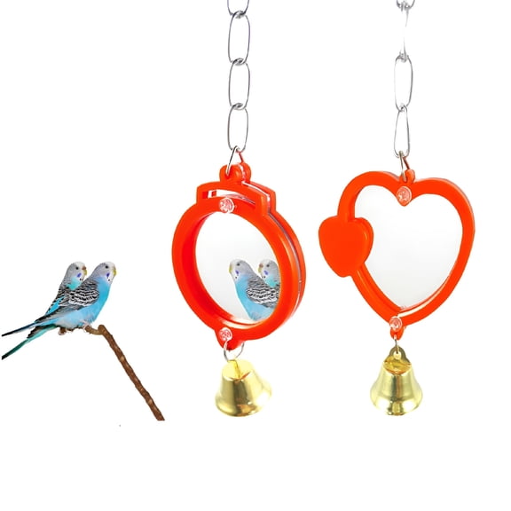 ACDANC 2Pcs Bird Mirrors with Bell, Parrot Hanging Round/Heart Shape Mirrors Interactive Playing Toy for Cockatiel Parakeets Canaries Budgie Cage Accessories