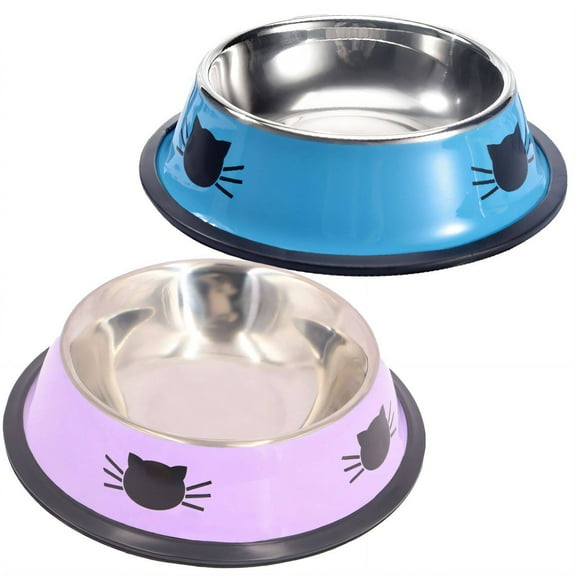 ACDANC 2Pcs Cat Food Bowl,Cartoon Cat Face Design Cat Water Bowl,Multi-Use Feeding Bowl Dog Food Bowl,Blue & Purple