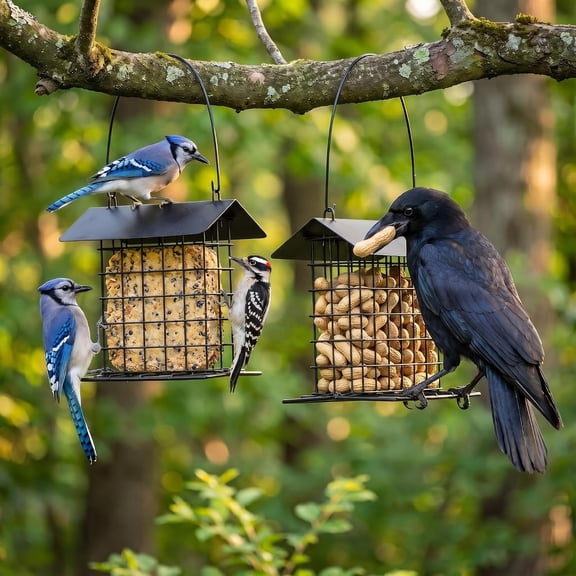 ACDANC 2Pcs Crow Blue Jay Peanut Feeder: Suet Cake & Bird Nesting Material Holder | 5In Small Woodpecker Cardinal Blue Grosbeak Mourning Dove Feeder Cage with Weatherproof Roof & Perch