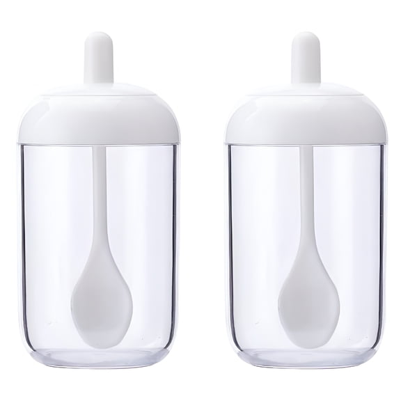 ACDANC 2Pcs Kitchen Sugar Bowl Salt Pot Pepper Storage Jar Seasoning Container Plastic Condiment Spice Holder with Cover and Spoon (White)