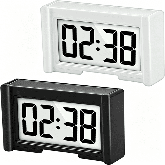 ACDANC 2Pcs Small Digital Clock, Vehicle Adhesive Clock with Jumbo Lcd Time & Day Display, Mini Car Dashboard Clock Battery Operated for Desktop Car Truck Dashboard & Air Vent (Black, White)