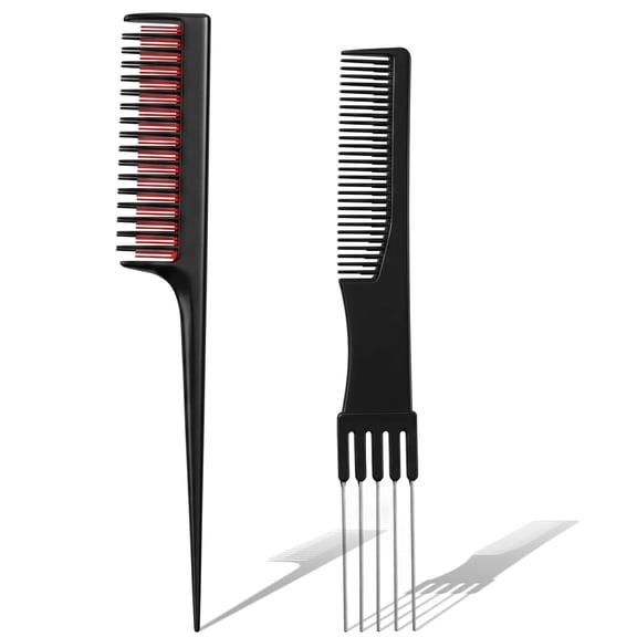 ACDANC 2Pcs Teasing Comb with Metal Pick,Hair Teaser Comb for Volume,Black Rat Tail Combs,Hair Teasing Combs for Women&Men Comb with Metal Pick Black