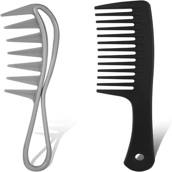 ACDANC 2Pcs Wide Tooth Comb for Curly Hair, Large Shark Teeth Comb Detangler for Brushing Out Curls Plastic Hairstyle Tool for Wet Wavy Thick Hair Wigs Barber Salon, Women Men (1 Black, 1 Silver)