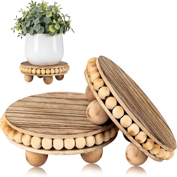 ACDANC 2Pcs Wood Risers for Display Decorative, Round Beaded Riser Distressed for Decor, Wooden Farmhouse Coasters Mini Cake Stand Plant Stand, Rustic Pedestal Stand Decor Display Risers for Tiered