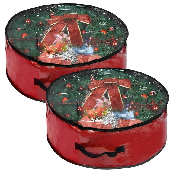 ACDANC 2Pcs Wreath Storage,Double Zipper Wreath Storage Container,Foldable Storage Case Christmas Storage,24x24x7.9",Red