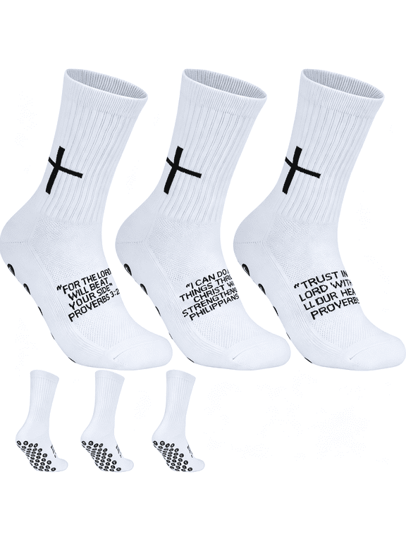 3/6 Pairs Cross Grip Soccer Socks for Us 6-13-Anti-Slip Christian Socks with Bible Verse,Jesus Sports Sock for Training,Durable Grip Socks Soccer