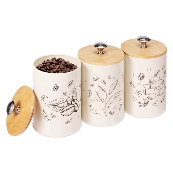 ACDANC 3 Pack Airtight Metal Canister Set,25 Oz Kitchen Airtight Food Storage Jar with Wooden Lids,Coffee Sugar Tea Storage Containers Pots Jars for Counter,Rustic Farmhouse Kitchen Decor