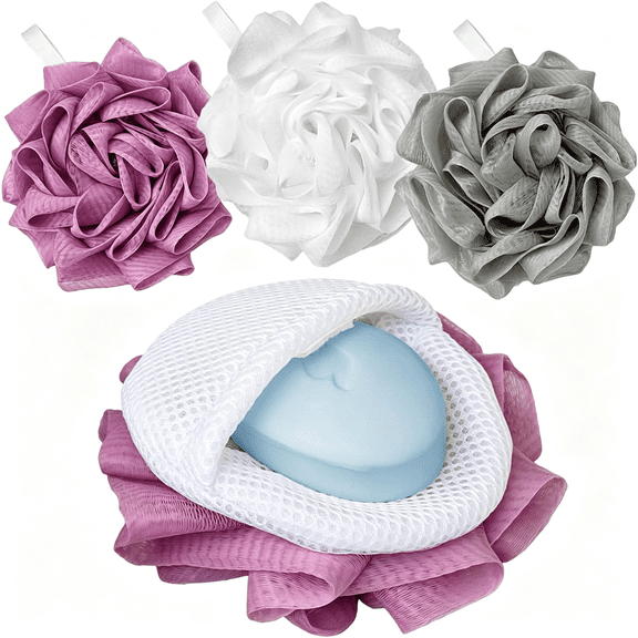 ACDANC 3 Pack Bath Loofah Shower with Soap Bags,Dual-Use Exfoliating Bath Sponges Soap Saver for Women&Men,Gentle Body Scrubber Bar Soap Pouch(White,Gray