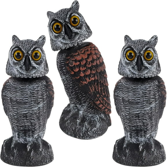 ACDANC 3 Pack Bird Scarecrow Fake Owl Decoy Sculpture,Rotating Head Plastic Owl Bird Deterrents,10.6 Inch Height Nature Enemy Horned Pest Repellent for Outdoor Garden Yard