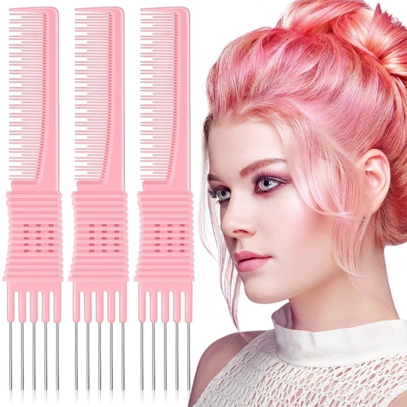 ACDANC 3 Pack Carbon Lift Teasing Combs with Metal Prong,Hair Pick Comb for Women Hair Styling (Pink)