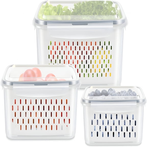 ACDANC 3 Pack Fruit Storage Containers for Fridge,Vegetable Container with Drain Colanders-Refrigerator Organizer for Lettuce Berry Keepers