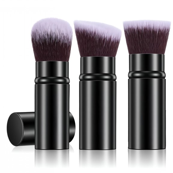 ACDANC 3 Pack Retractable Makeup Brushes, Portable Kabuki Foundation Blush Powder Tools, Soft Nylon Bristles for Liquid Cream Buffing Sunscreen, Travel Size Face Beauty Accessories in Black Grey