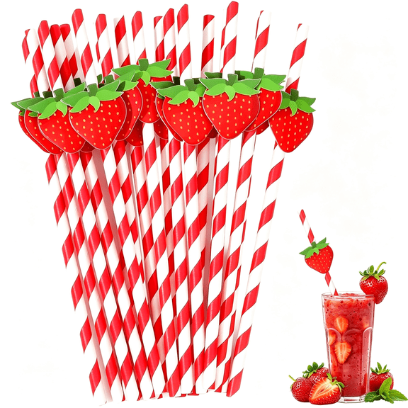 ACDANC 30 Pcs Strawberry Paper Straws,Red Straws Disposable Red and White Striped Straw Cute Drinking Straw for Juice Cocktail Milkshake Birthday Baby Shower,Strawberry Party Decorations