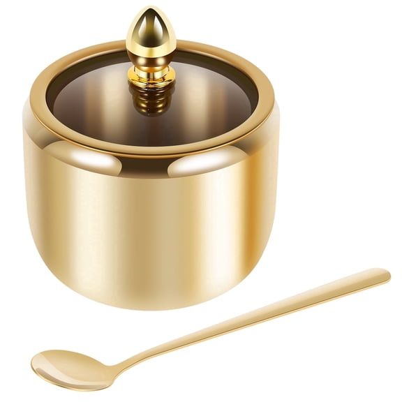 ACDANC 304 Stainless Steel Sugar Container with Clear Glass Lid and Spoon Gold Sugar Bowl 10Oz Sugar Jar Dishwasher Safe Seasoning Box Multifunctional Condiment Pot for Salt Candy Coffee Bean
