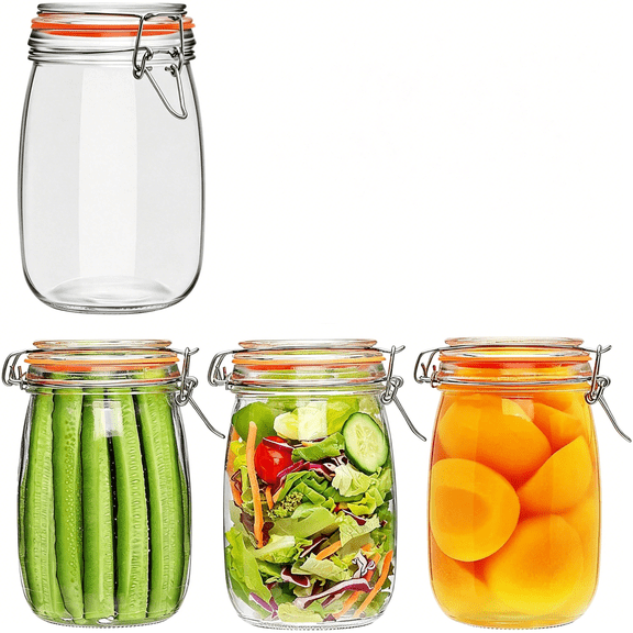 ACDANC 32 oz Wide Mouth Mason Jars with Airtight Hinged Lids, Large Glass Jar with Lid for Pickling, Fermentation, Canning, Food Storage - Set of 4 Glass Storage Containers