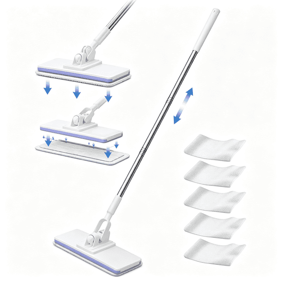 ACDANC 39.4"" H&S-Free Multi-Purpose Flat Mop,360 Swivel One Button Automatic Cloth Grip Mops with 10 Reusable Cloths for Floors,Under Furniture,Kitchens & Bathrooms (1 Mop in + 5 Cloths)