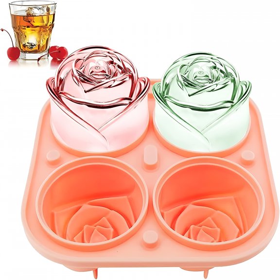 ACDANC 3D Rose Shape Ice Cube Tray Silicone Mold 4 Big Rose Flower Ice Cube Mould