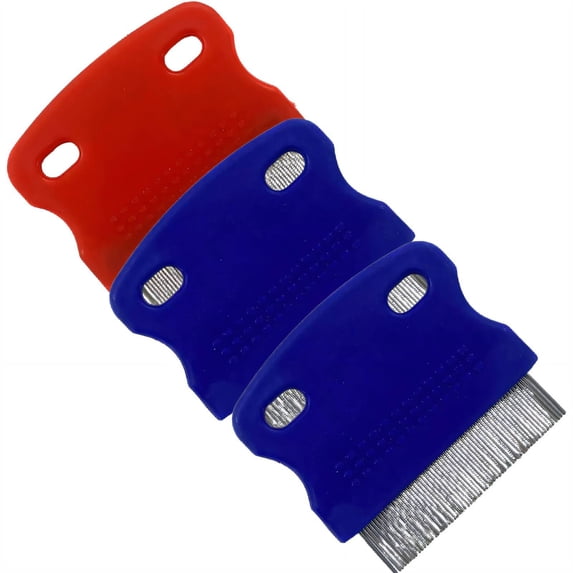 ACDANC 3Pcs Flea Comb,Anti-Slip Handle Design Dog Hair Brush,Double Hole Design for Easy Hanging Cat Comb,Blue Red