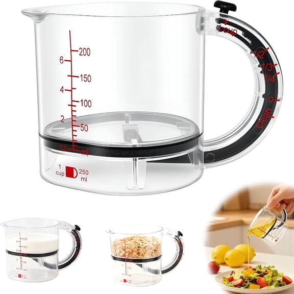 ACDANC 4-In-1 Adjustable Measuring Cup with Base,Multi Measurement for 1/4 to 1 Cup,Ml/Oz,Scraper Base for No Waste,Dishwasher Safe