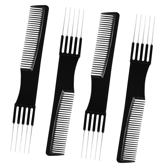 ACDANC 4-In-1 Black Carbon Lift Teasing Combs with 5 Metal Needles - Salon Teasing Back Comb with Metal Rat Tail Pin Styling Pick for Hair Styling, Multi-Function Screw Needle Comb