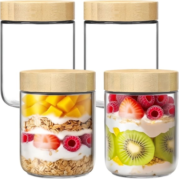 ACDANC 4 Pack 16Oz Glass Jars with Bamboo Lids,Overnight Oats Containers with Airtight Lids,Wide Mouth Mason Jars for Salad,Yogurt,Sugar,Snacks,Spices