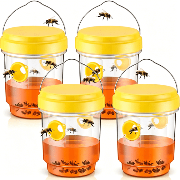 ACDANC 4-Pack Solar Wasp Traps Outdoor Hanging, Reusable Solar Bee Trap for Outside with LED Light, Hornet Traps, Bee Wasp Catcher Outside Garden, Yellow