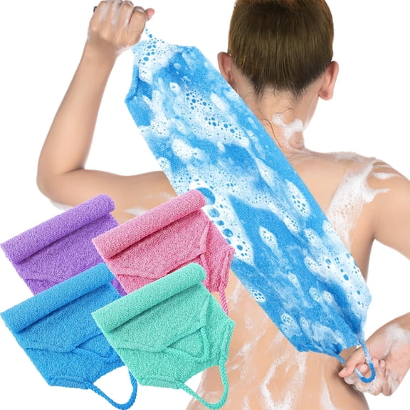 ACDANC 4 Pcs Exfoliating Back Scrubber with Handles,Nylon Back Washers,Scrubber Cloth Towel for Shower,Stretchable Pull Strap for Sensitive Rough Skin