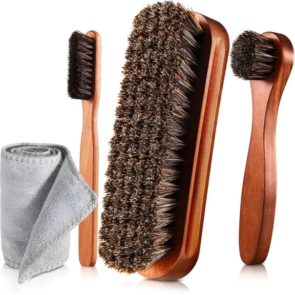 ACDANC 4 Pcs Horsehair Shine Shoes Brush Kit Polish Dauber Applicators Cleaning Leather Shoes Boots Care Brushes Suede Cleaner Brush with Microfiber Shoe Cloth(4 Pcs Style A)