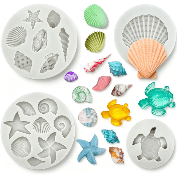 ACDANC 4 Pcs Marine Theme Cake Fondant Silicone Mold Seashell Conch Starfish Sea Turtle Baking Molds for Chocolate Cake Decoration Candy Polymer Clay Diy Crafting Projects