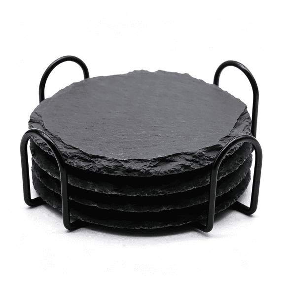 ACDANC 4 Pcs Round Slate Drink Coasters Set,4 Inch Laser Engraving Black Slate Stone Coasters with Anti-Scratch Bottom and Coaster Holder for Office Bar Kitchen Home Dinner Table Decor Supplies