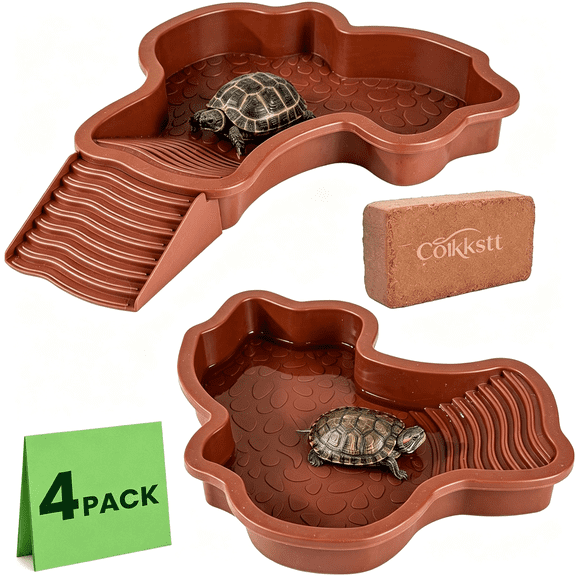 ACDANC 4 Pcs Tortoise Water Dish Reptile Bathing Pool with Ramp,Large Turtle Habitat Accessories Food Bowl for Box Turtle Bearded Dragon,Indoor Outdoor Enclosure Tank Feeding Basin (Brown)