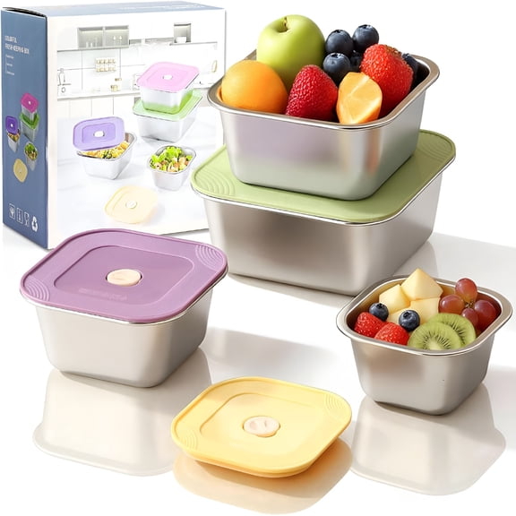 ACDANC 4-Piece Stainless Steel Snack&Lunch Box with Lids Set,Stackable Metal Food Storage Containers with Lids,Airtight Leakproof Lunch Containers,Dishwasher Safe Bento Box (Size 4.5",5.5",6.3",7")